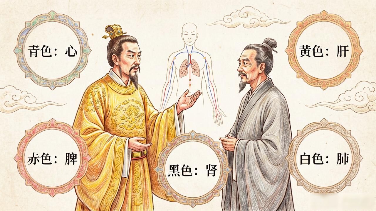 黄帝内经原文百度云：经络五色对应心肝脾肺肾
